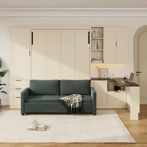 Merax Farmhouse Multi-Functional Murphy Bed with Sofa, Desk & Storage Cabinet,Solid Wood Foldable Wall Bed with/w/USB Charging Station Space Saving/No Box Spring Needed/Queen, Beige + Green