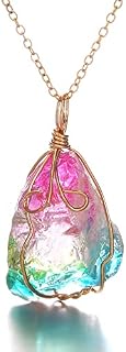 AONAT 1PC Rainbow Color Irregular Crystal Rock Pendant NecklaceRose Gold Wire Wrapped Tree of Life Gemstone Necklace Jewelry for Women Girls