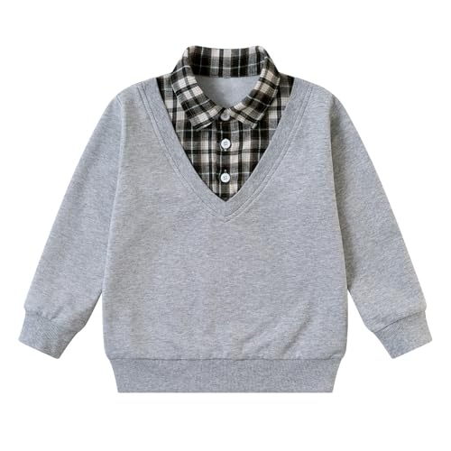 ALISISTER Toddler Boys Sweatshirt Grey 2t Crewneck Thin Plaid Collar Long Sleeve Shirts Fall Winter Pullover Tops