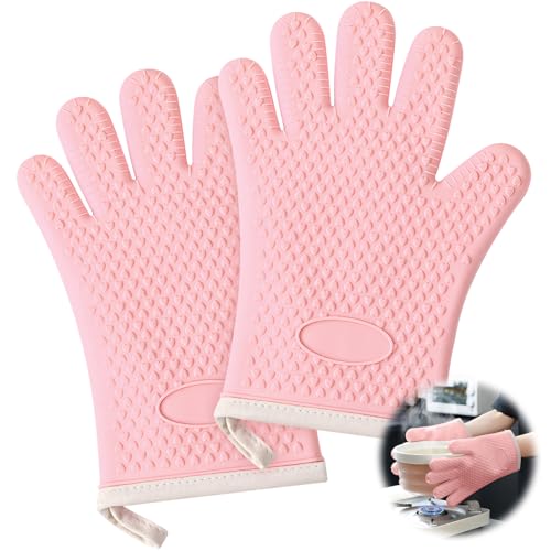 Oven Mitt Heat Resistant Thick Silicone Cotton Lined Kitchen Gloves for 1200 Degrees Celsius Waterproof & Non-Silent Oven Gloves for Baking Cooking BBQ Microwave Oven Mitts (Dark Pink)