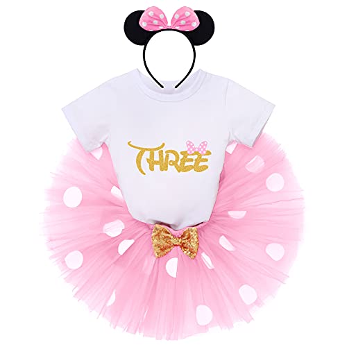 Toddler Baby Girls 3rd Birthday Princess Outfit Polka Dots T-Shirt Top Tutu Skirt Set Mouse Ears Headband Third Years Old Party Fancy Halloween Costume Dance Evening Gown Pink-Three 3T