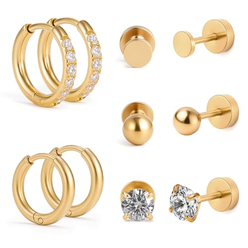 Hypoallergenic Flat Back Earrings Set for Women Men Multiple Piercing Ears Small 14K Gold Cartilage Hoop Earrings 316L Surgical Stainless Steel Tiny Cubic Zirconia Stud Earrings Round Ball Stud Earring UNISEX