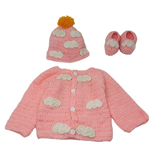 Newborn Cozy Warm Baby Sweater Set -Hand Made Baby Crochet Set -Pink/Blue Knit Cardigan With Booties & Hat Gift Set (0-6 Month, Pink White) #TOP3