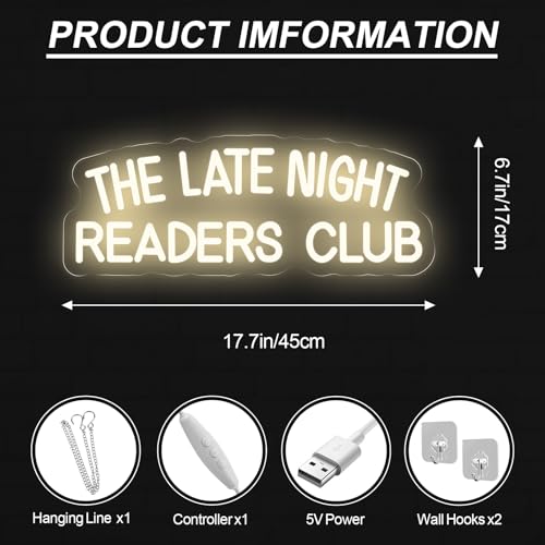 Image of The Late Night Book Club Neon Sign Bookworm Gift Reading Room Decor | Library LED Light Gifts for Readers Late Night Reader Decoration 17.7 inchx6.7 inch