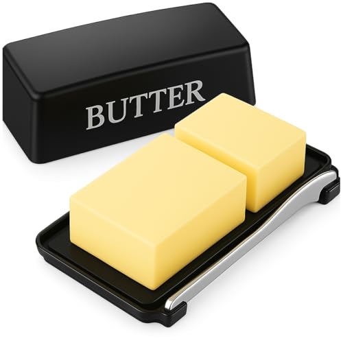 LENND Large Butter Dish With Cover And Knife Food Grade Plastic Butter Holder With Lid For Countertop Kitchen Refrigerator Container Black Durable Keeper For Table Countertop Storage