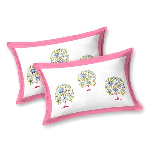 Image of BLOCKS OF INDIA Hand Block Printed 200 TC Cotton King Size Bedsheet (Pink Tree of Life)