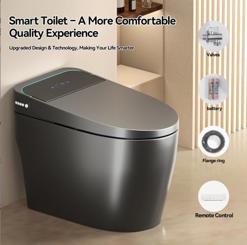 Inodoro inteligente moderno con bidé integrado, inodoros de una pieza en gris con secador, inodoro japonés con luz nocturna y pantalla LED, inodoro eléctrico con tapa de apertura y cierre automático, asiento calefactado (gris) miniatura 3