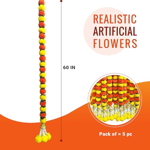 Image of DIYANA IMPEX Marigold Garland for Decoration 5 Pcs of 5 feet Long Strands Artificial Marigold Flowers with Bell, Indian Decor for Pooja /Diwali /Wedding /Christmas (Yellow + Orange + Green)