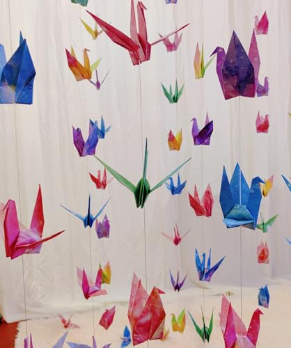 Image of Starry Sky Crane Paper Hanging Garlands(3stringsX 5.2ft), Watercolor Galaxy Origami Birds Streamers for Bedroom Bridal Shower Baby Shower Birthday Party Supplies Garden Ceiling Hanging Decor