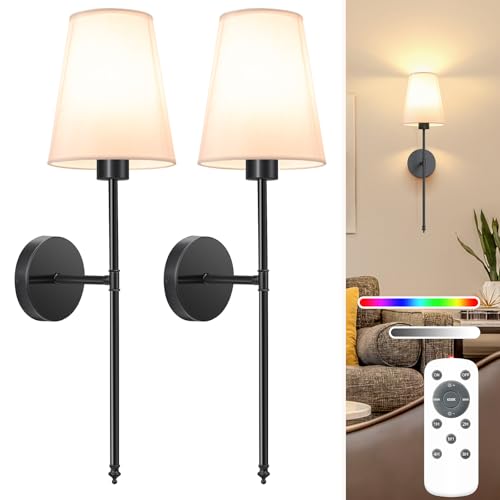 Image of NIORSUN 25.4 inch Battery Operated Wall Sconce Set of 2,Black Rechargeable Wall Lights with 10400mAh Dimmable Detachable Bulbs and Remote,9 Colors Wireless Sconces for Bedroom Living Room Hallway