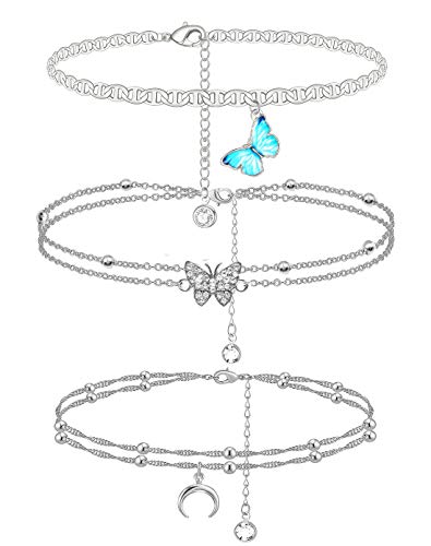 Tanyoyo Butterfly Moon Anklet for Women Flat Mariner Anklet Bracelet 14K Gold Plated Flat Marina Link Anklet for Girls, Adjustable Size (Silver-Butterfly MooN-3PCS)