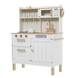 おままごと キッチン ヨーロピアンシェフ風 10点付属品 木製 台所 食材 卵 魚 トマト 調理器具付き 調味料 知育玩具 コンロ 電子レンジ 家事 おもちゃ キッズ ベビー 誕生日 プレゼント (D ホワイト)