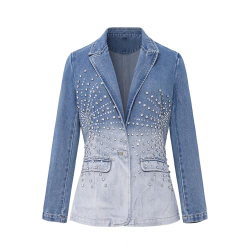 Women's Rhinestone Denim Suit Business Casual Pointed Collar Lapel Front Pocket Fall Winter Denim Jacket