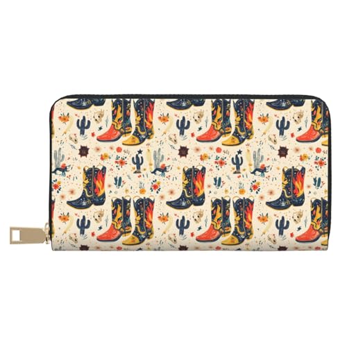 Western Cowboy Boots Print Wallet Women, Leather Bifold Multi Card Wallet, Long Purse Women's Wallets