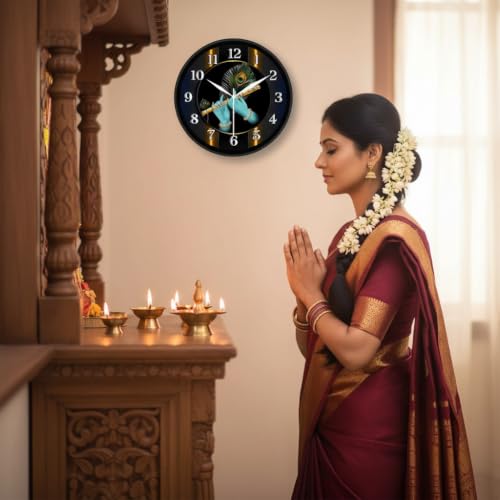 Image of Lord Krishna Flute & Peacock Feather Wall Clock for Puja Room & Living Room | Round Analog Silent Non-Ticking Hindu Spiritual Decor Watch | Mor Pankh Bansuri Timepiece