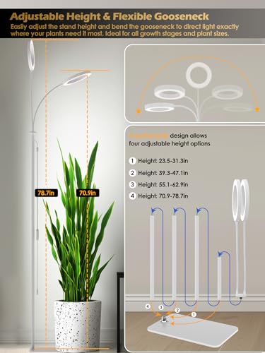 Image of 48W Grow Lights for Indoor Plants, Full Spectrum LED Plant Light with Stand | Dimmable, 3 Lighting Modes, 23 inch-79 inch Adjustable Height, Plant Growing Lamp with 3 /9 /12 /16H Timer, White Dual Heads Floor Lamp