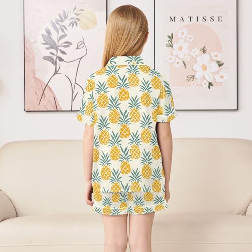 Creative Yellow Cartoon Pineapples Summer Satin Pajama Set, Cute Button-Down Sleepwear Pj Set for Sleep Wears4