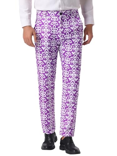 Retro Floral Dress Pants for Men's Flat Front Formal Paisley Flower Pattern Trouser