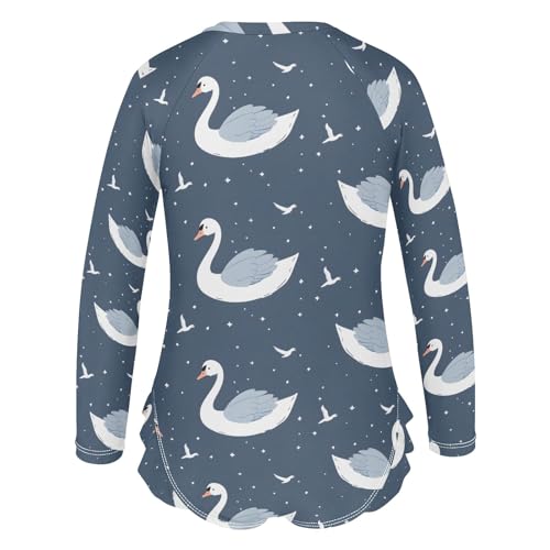 Swan Dark Background Girls Long Sleeve Swimsuit Rash Guard One Piece Bathing Suits Zipper 3-12T3