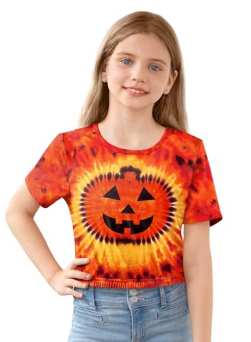 BesserBay Girls Halloween Printed Crewneck Short Sleeve Waist Trimming Crop Tops 5-14 Years