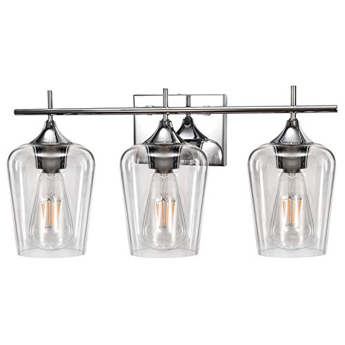 Zicbol Vanity Lights Fixtures, 3 Light Bathroom Light, Chrome Wall Light with Clear Glass Shade, Modern Bathroom Wall Sconce Lighting for Bath, Living Room, Bedroom, Stairs, Gallery, Restaurant