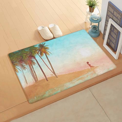 Coconut Tree Antifatigue Kitchen Bath Door Mat Cushioned Runner Rug,Washable Welcome Floor Sink Mat,Waterproof & Non-Slip Standing Doormat for Kitchen,Beach Summer Island Girl Sun Painted 18