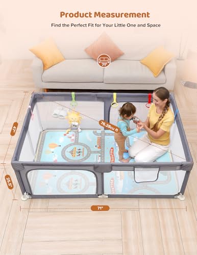 Image of Dripex Baby Playpen with Mat, 71 inchx47 inch Large Play Pen for Babies, Light Grey | Included Waterproof Mat /Portable Bag / Pull up Rings, Breathable Visible Mesh, Easy Setup, Indoor /Outdoor Use