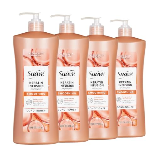Suave Keratin Infusion Smoothing Conditioner For Frizzy Hair Anti-Humidity & 48HR Frizz Control Smooths & Detangles for Easy Styling 28 fl oz Pump 4 Count