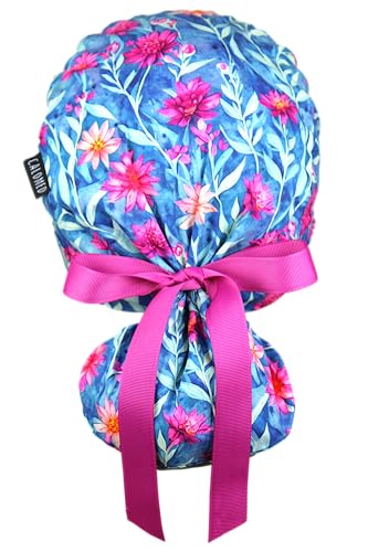 Image of Scrub Cap for Women and Men, Ponytail Scrub Caps, Working Hat, Head Cover with Ribbon Ties and Buttons, Long Hair