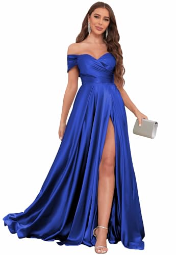 Image of SOLODISH Off The Shoulder Satin Prom Dresses for Women Long Formal Evening Party Dress with Slit