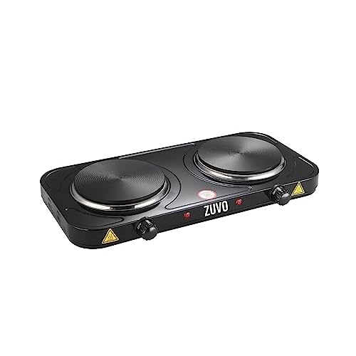 Zuvo 2000W Stainless Steel Double Hot Plate Ring Stove Hob – Portable & with Adjustable Thermostat – Cast Iron Heating Plate Black 25.8