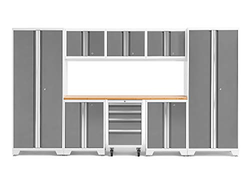NewAge Products Bold Series White 9 Piece Set, Garage Cabinets, White With Bamboo Worktop, 54992