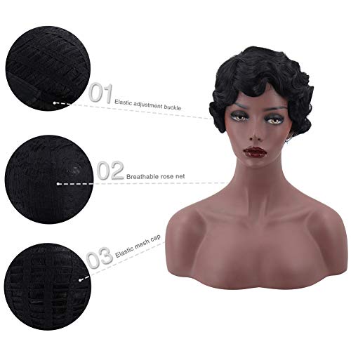 Mipper Retro Black Short Curly Synthetic Hair Women Wig Finger Wave Wig For Black Women Daily Dating Party #TOP6