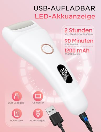 Hornhautentferner Elektrisch,Pediküre Set Fußpflege Elektrisch mit 3 Rollen,3 Gear USB Elektrischer Hornhautentferner mit Arbeitslicht für Hornhaut Entfernen fuß,Rissige Fersen,Tote Haut,Wasserdicht