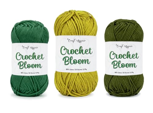 Image of Craft Affair | Crochet Bloom Cotton Yarn 8ply (Each Color 2mm, 77Meter, 50Gram) 100% Pure Cotton | for Knitting Yarn | Craft & DIY Project: Forest-Green, Yellow Orchid, Olive