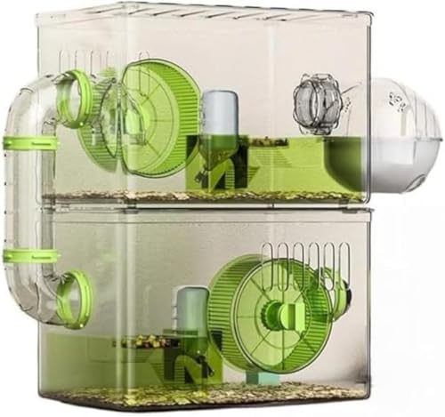 AZIEBAY ハムスターケージ 透明二層 アクリル製 小動物用 贅沢セット ランニングホイール・給水器・バスルーム付き 広々空間 通気性良好 組み立て簡単 室内飼育に最適 安心してお選びください