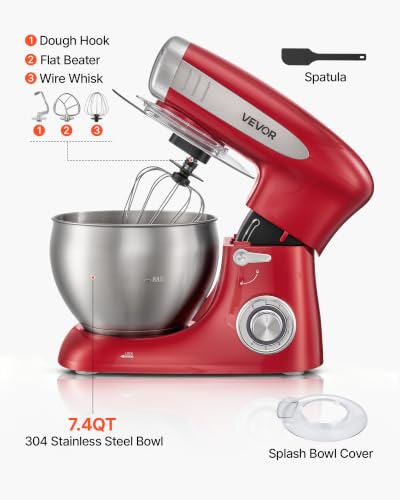 Image of VEVOR 7.4 Qt Tilt Head Stand Mixer 500W Electric Dough Mixer, 6 Speeds with Pulse Food Kitchen Mixer with Stainless Steel Bowl, Splash Guard, Dough Hook, Whisk, Beater, for Baking Mixing