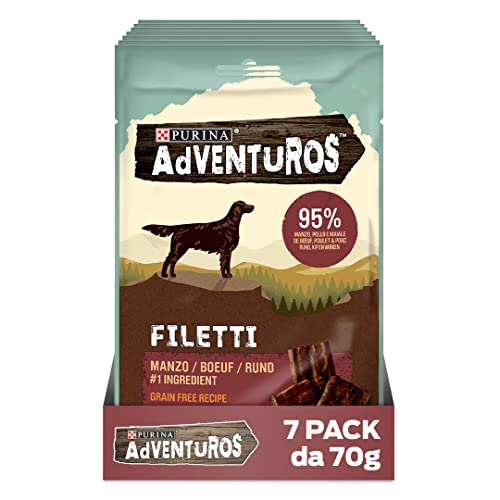 PURINA ADVENTUROS Snack per Cani Adulti High Meat Filetti Ricco in Manzo 7 Confezioni da 70g