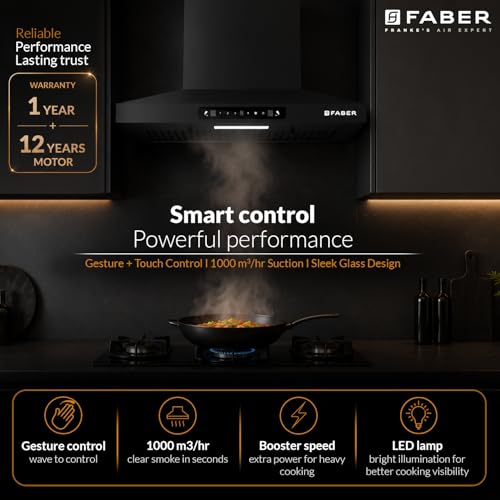 Image of Faber Pluto 60 cm 1000 m /hr Wall Mounted Kitchen Chimney | Baffle Filter | Touch Control | LED Lights | 1 Year Comprehensive Warranty and 12 Years on Motor | Black | HOOD PLUTO SENSOR TC BF BK IN 60