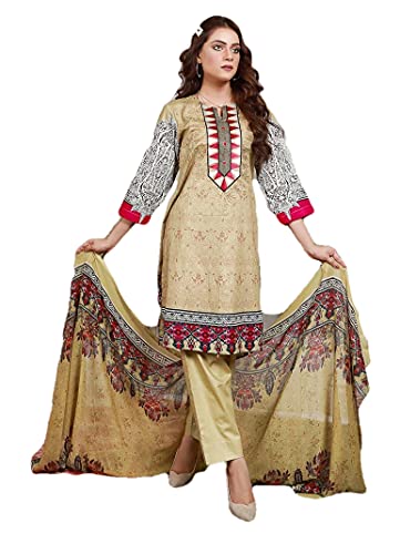 IshDeena Cotton Lawn Salwar Kameez Chiffon Dupatta Pakistani Dress for Women Embroidered '21 (L, Beige)