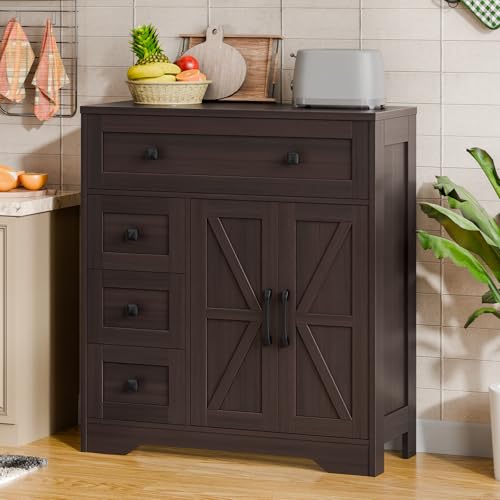 Vabches Farmhouse Storage Cabinet with 2 Doors and 4 Drawers, Freestanding Bathroom Storage Cabinet Kitchen Pantry, Floor Cupboard for Living Room/Bathroom/Kitchen,Walnut