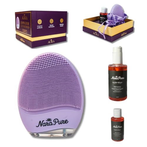 Narapure® Aura – Limpiador Facial Eléctrico de Silicona con 2 Geles Limpiadores - Cepillo de Limpieza Facial Recargable, Impermeable y Suave para Todo Tipo de Piel con Bolsa de Seda (Lavanda)