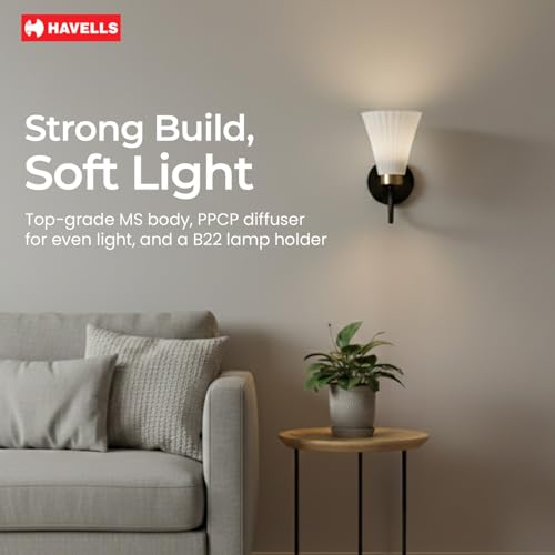 Image of Havells Aura Indoor Wall Light | Durable Frame and Ambient Glow Diffuser | B22 Holder Compatible | Elegant Lighting for Bedrooms, Living Rooms & Hallways