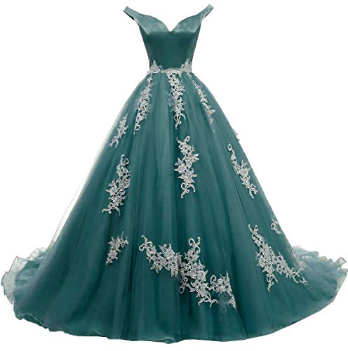 Unknown Women s Off Shoulder V Neck Lace Appliques Tulle Quinceanera Prom Ball Gown 14 Teal