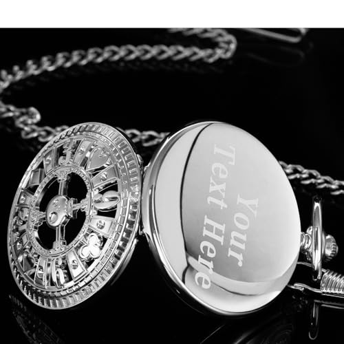 Image of Men's Mechanical Hollow Design Hand Wind Pocket Watch Roman Numerals Steampunk with Chain Box