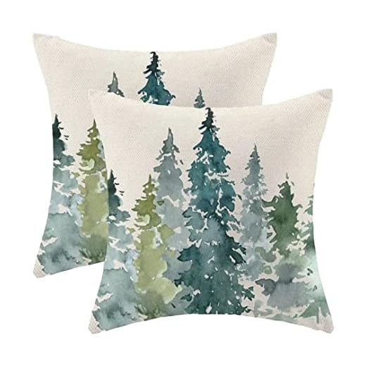 AEIOAE Watercolor Dark Green Tree Pillow Covers 16 X 16 Inch Set of 2, Nature Themed Christmas Throw Pillow Covers Rustic Forest Pillowcase Decor for Indoor Outdoor Home Sofa Bedroom Living Room