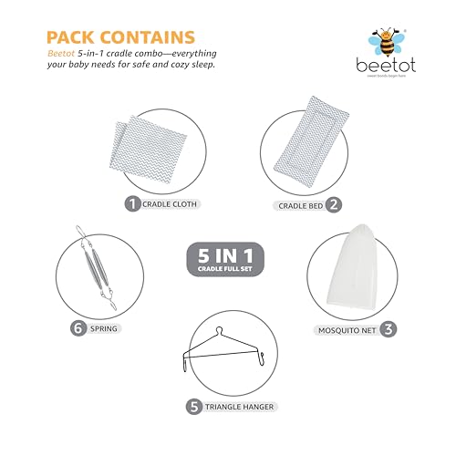 Image of beetot Baby Swing Cradle (Jhula) for Newborns - Cloth Cradle with Removable Mattress, Mosquito Net, Spring & Triangle Hanger | Up to 15 kg | (Melanchi Stripe)