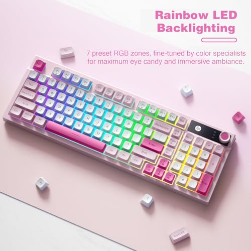 Image of HP K500F Membrane Keyboard (Office /Gaming Dual-Use) - Wireless Tri-Mode Connectivity, White (Pink + White + Rose Red) Color Scheme, Spherical Keycaps, 99-Key Layout, RGB Lighting Effects, 26PN