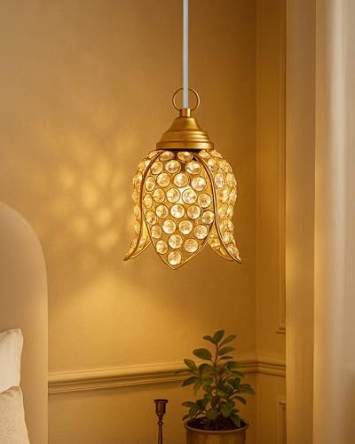 Image of Homesake Crystal Pendant Light | Modern LED Ceiling Fixture | Chandelier Style | Warm White | Stylish Interior Lighting | Living Room, Bedroom, Dining Room Light | Contemporary Home Decor (Golden)