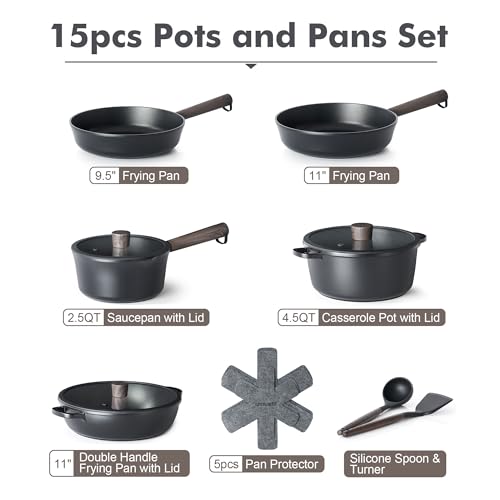 Sensarte 15PC Nonstick Pot and Pan Set Induction Compatible Black